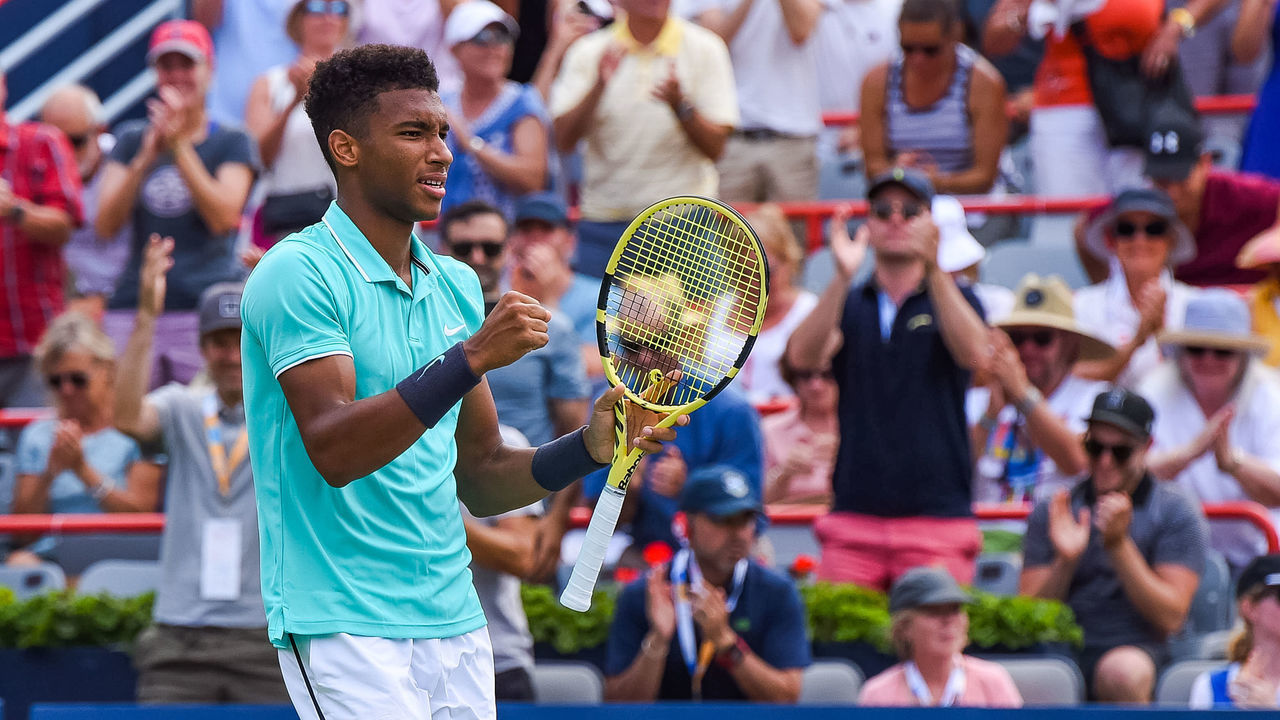 MONTREAL, QC - AUGUST 06: Felix Auger-Aliassime (CAN) shows pride after winning his match during the ATP Coupe Rogers first round match on August 6, 2019 at IGA Stadium in Montréal, QC