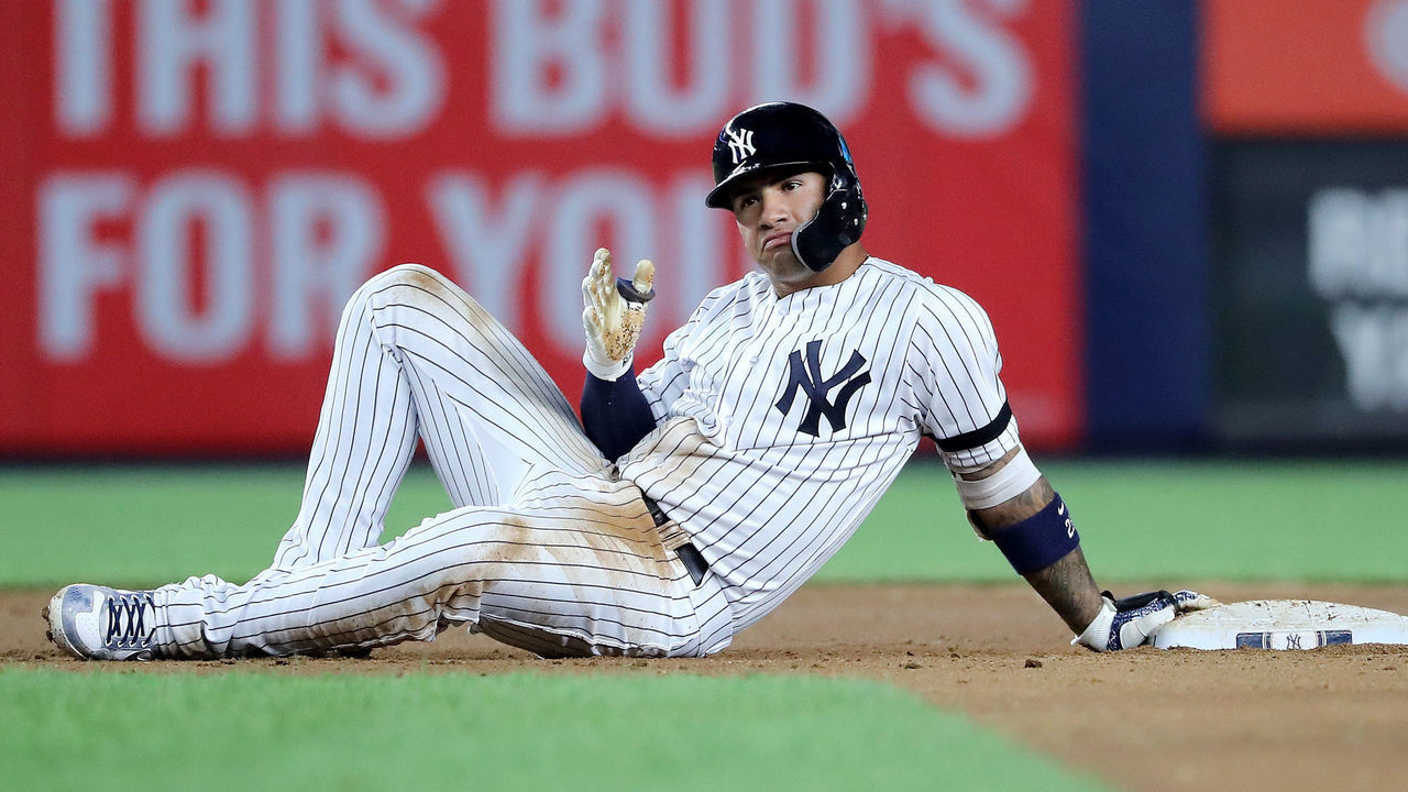 NEW YORK, NEW YORK - AUGUST 03: Gleyber Torres of the New York Yankees reacts after making it back to second base safely during game two of a double header against the Boston Red Sox at Yankee Stadium on August 03, 2019 in New York City.