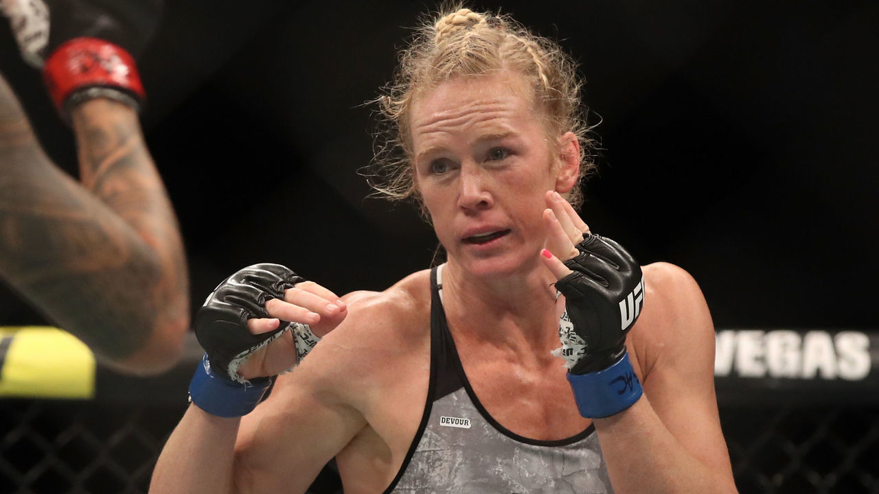 LAS VEGAS, NV - JULY 06: Holly Holm faces Amanda Nunes of Brazil in their UFC bantamweight championship fight during the UFC 239 event at T-Mobile Arena on July 6, 2019 in Las Vegas, Nevada.