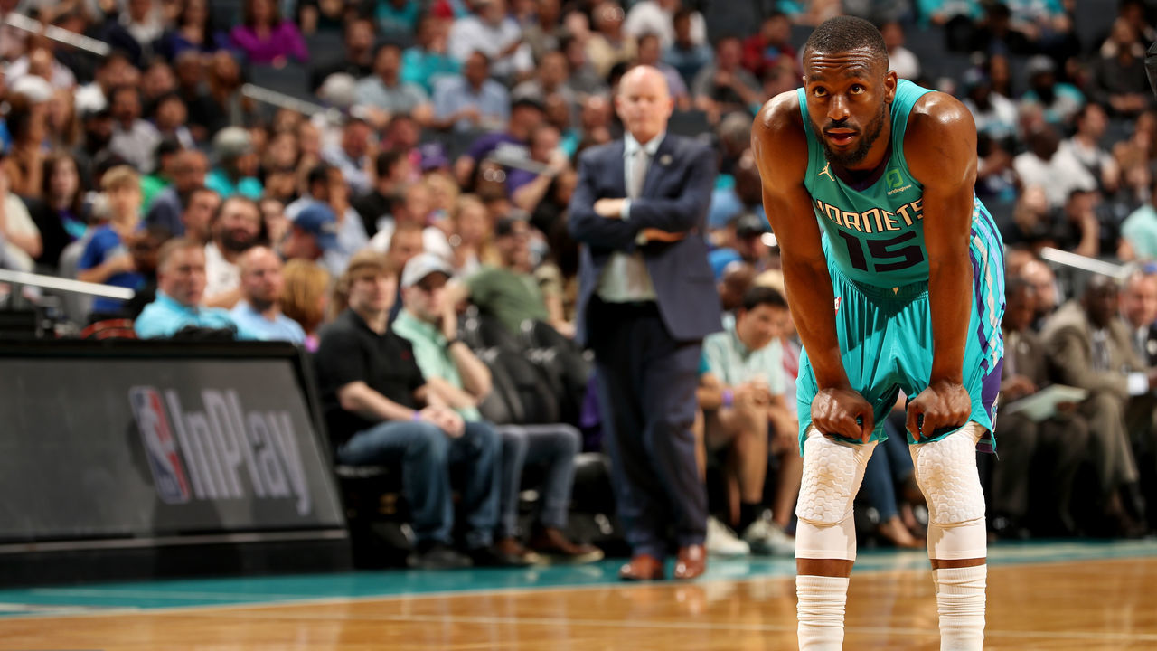 CHARLOTTE, NC - APRIL 10: Kemba Walker #15 of the Charlotte Hornets looks on during the game against the Orlando Magic on April 10, 2019 at Spectrum Center in Charlotte, North Carolina. Mandatory Copyright Notice: Copyright 2019 NBAE
