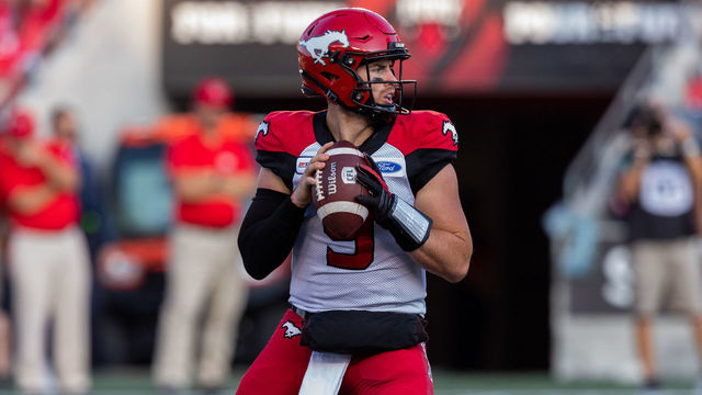 OTTAWA, ON - JULY 25: Calgary Stampeders quarterback Nick Arbuckle (9) prepares to throw a pass during Canadian Football League action between the Calgary Stampeders and Ottawa Redblacks on July 25, 2019, at TD Place at Lansdowne Park in Ottawa, ON, Canada.
