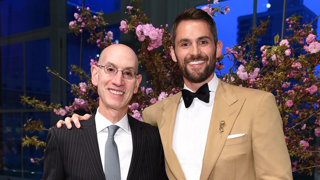 NEW YORK, NEW YORK - MAY 01: Presenter Adam Silver and Honoree Kevin Love pose with an award backstage the Child Mind Institute's 2019 Change Maker Awards at Carnegie Hall on May 01, 2019 in New York City.