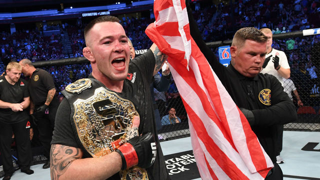 NEWARK, NJ - AUGUST 03: Colby Covington celebrates his victory over Robbie Lawler in their welterweight bout during the UFC Fight Night event at the Prudential Center on August 3, 2019 in Newark, New Jersey.