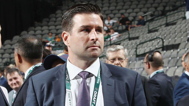 DALLAS, TX - JUNE 22: (l-r) Chris Drury and Mike Barnett of the New York Rangers attend the first round of the 2018 NHL Draft at American Airlines Center on June 22, 2018 in Dallas, Texas.