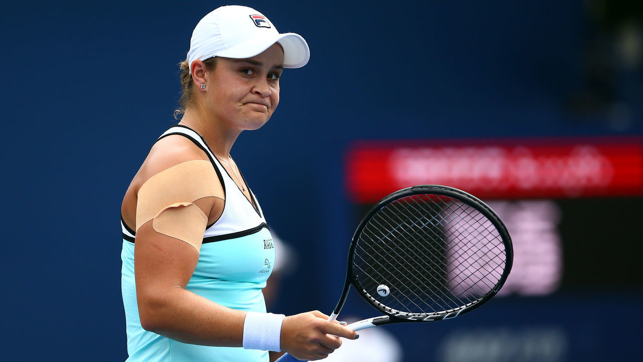 TORONTO, ON - AUGUST 06: Ashleigh Barty of Australia reacts at the end of the first set against Sofia Kenin of the United States during a first round match on Day 4 of the Rogers Cup at Aviva Centre on August 06, 2019 in Toronto, Canada.