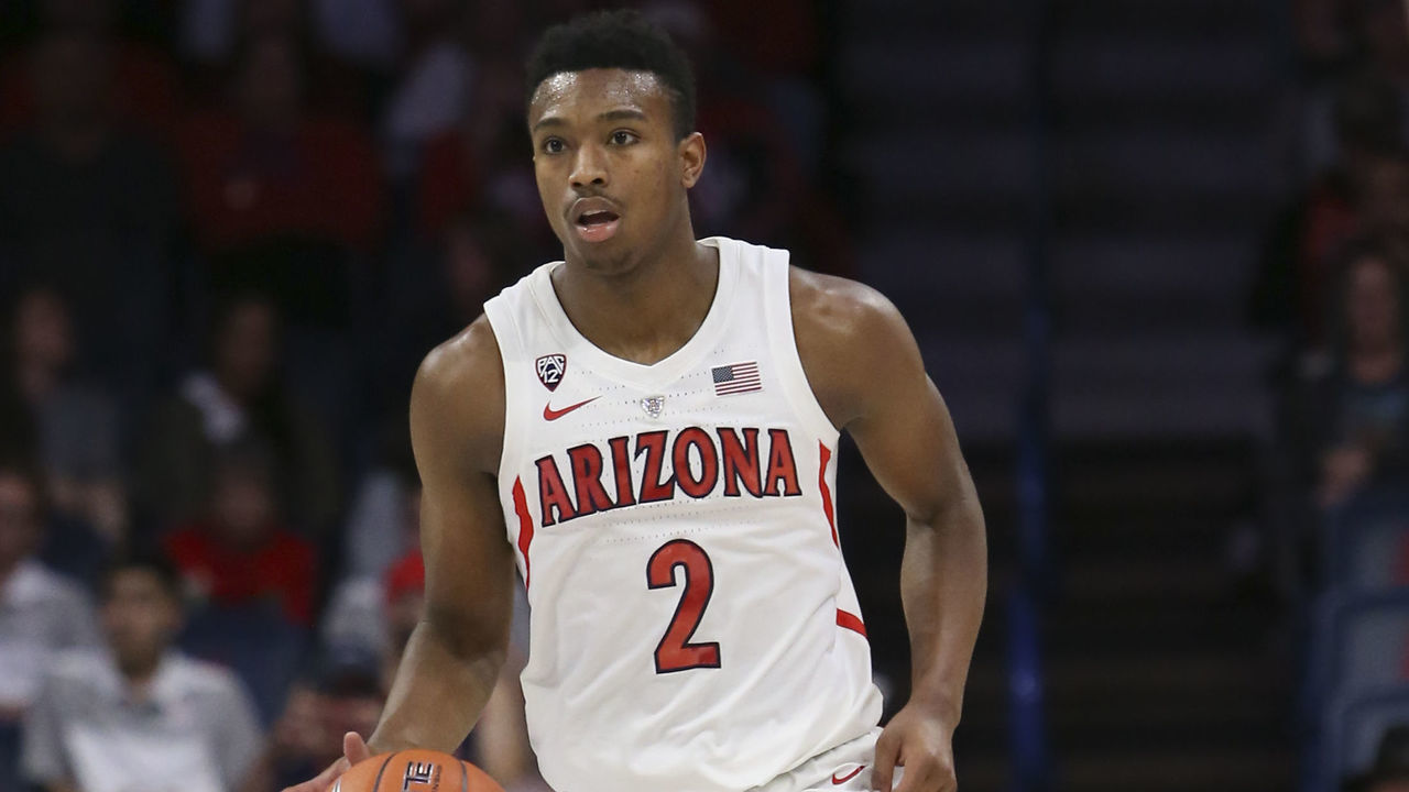 TUCSON, AZ - DECEMBER 06: Arizona Wildcats guard Brandon Williams (2) dribbles the ball during the a college basketball game between Utah Valley Wolverines and Arizona Wildcats on December 06, 2018, at McKale Center in Tucson, AZ.