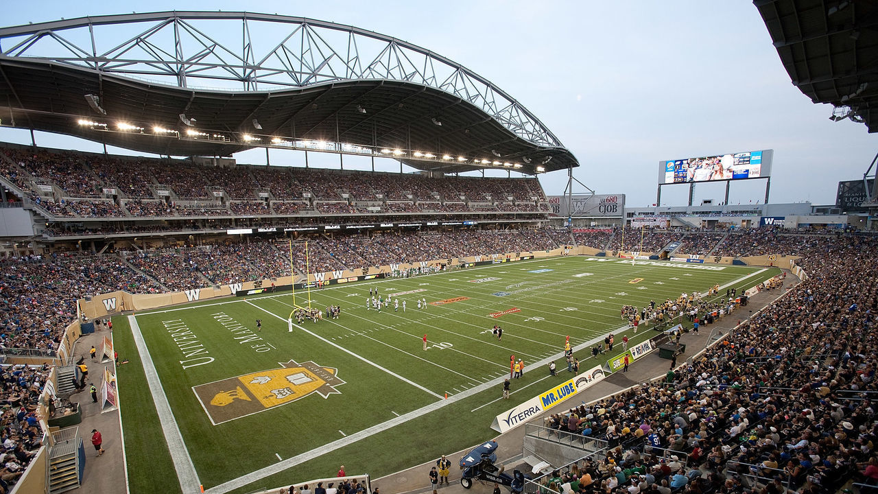 WINNIPEG, MB - AUGUST 7: A general view of the field and stadium in a CFL game between the Saskatchewan Roughriders and Winnipeg Blue Bombers at Investors Group Field on August 7, 2014 in Winnipeg, Manitoba, Canada.