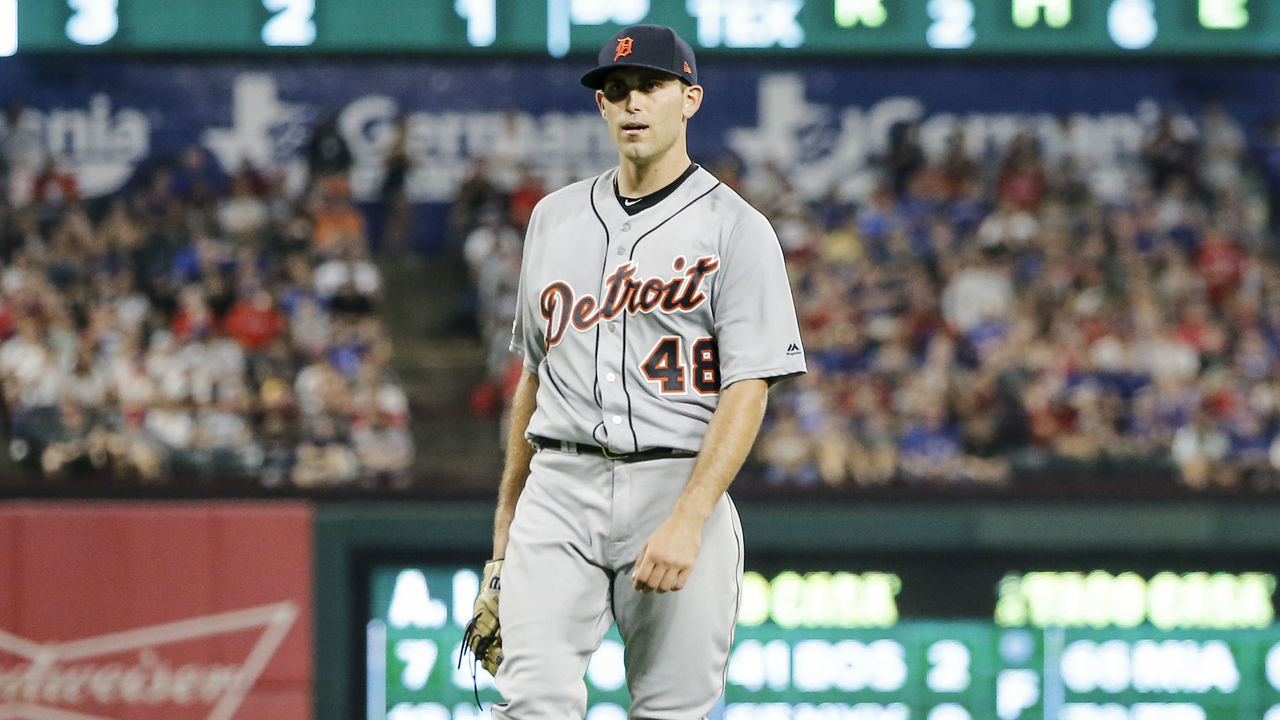 ARLINGTON, TX - AUGUST 03: Detroit Tigers starting pitcher Matthew Boyd (48) stares at Texas Rangers second baseman Rougned Odor (12) (not pictured) after hitting Odor during the game between the Texas Rangers and the Detroit Tigers on August 03, 2019 at Globe Life Park in Arlington, Texas.