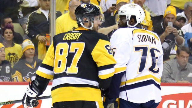 PITTSBURGH, PA - JUNE 08: Sidney Crosby #87 of the Pittsburgh Penguins and P.K. Subban #76 of the Nashville Predators look on in the first period in Game Five of the 2017 NHL Stanley Cup Final at PPG PAINTS Arena on June 8, 2017 in Pittsburgh, Pennsylvania.