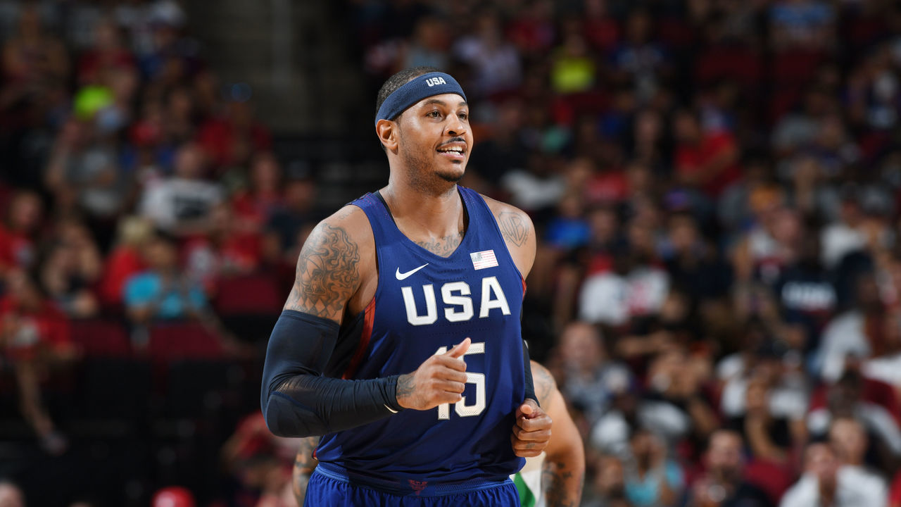 HOUSTON, TX - AUGUST 1: Carmelo Anthony #15 of the USA Basketball Men's National Team looks on against Nigeria on August 1, 2016 at the Toyota Center in Houston, Texas. Mandatory Copyright Notice: Copyright 2016 NBAE