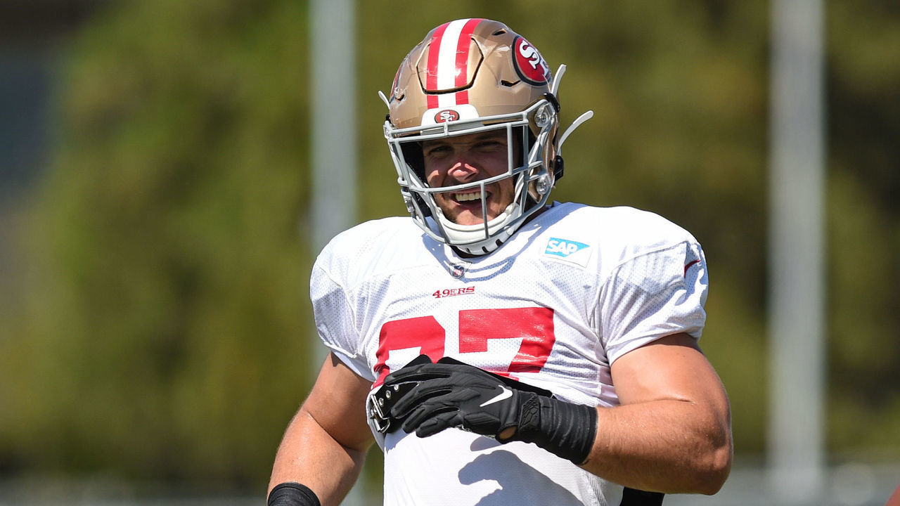 SANTA CLARA, CA - JULY 30: San Francisco 49ers rookie defensive lineman Nick Bosa during San Francisco 49ers training camp at SAP Performance Facility on July 30, 2019 in Santa Clara, CA.