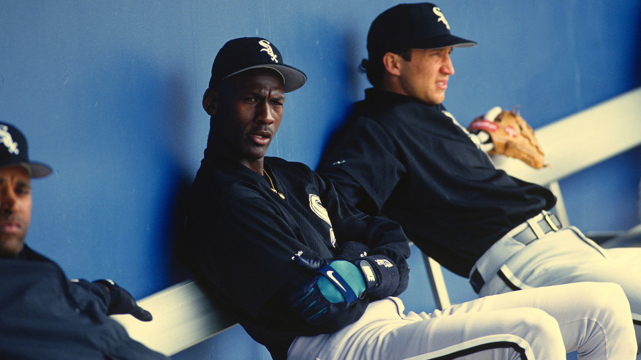 UNSPECIFIED - CIRCA 1994: Michael Jordan #45 of the Birmingham Barons the Double A minor league affiliate of the Chicago White Sox looks on from the bench during a minor league baseball game circa 1994. Jordan played for the Barons from 1994-95.
