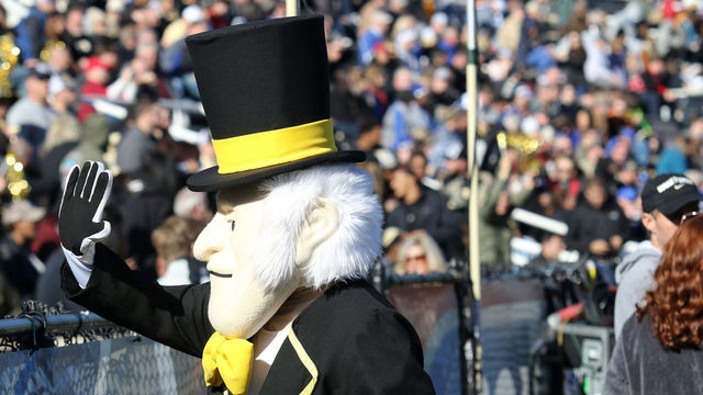 BIRMINGHAM, AL - DECEMBER 22: Demon Deacon, the Wake Forest mascot, interacts with fans at the Birmingham Bowl between the Memphis Tigers and the Wake Forest Demon Deacons on December 22, 2018 at Legion Field in Birmingham, Alabama.