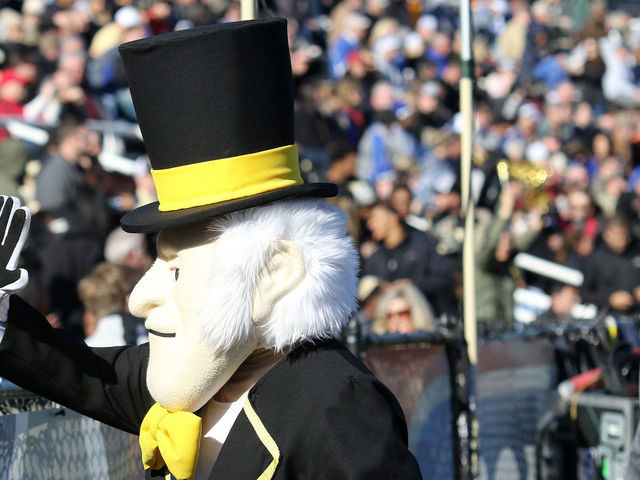 BIRMINGHAM, AL - DECEMBER 22: Demon Deacon, the Wake Forest mascot, interacts with fans at the Birmingham Bowl between the Memphis Tigers and the Wake Forest Demon Deacons on December 22, 2018 at Legion Field in Birmingham, Alabama.