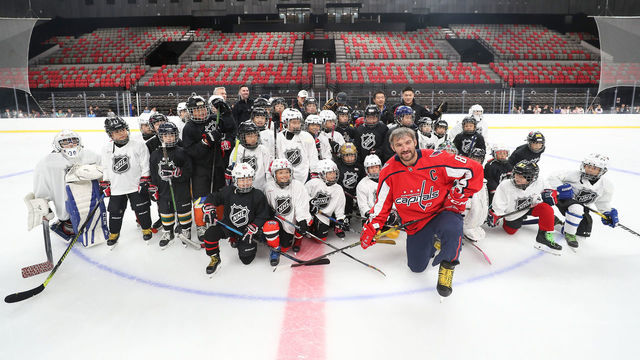 BEIJING, CHINA - AUGUST 05: Alex Ovechkin takes a group photo with children at Shougang Rink on August 05, 2019 in Beijing, China.
