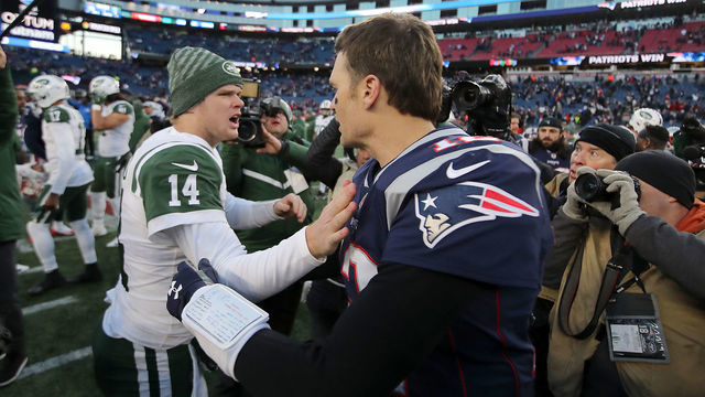 FOXBOROUGH, MA - DECEMBER 30: New England Patriots Tom Brady shakes hands with New York Jets rookie quarterback Sam Darnold after the Patriots defeated the Jets 38-3 at Gillette Stadium in Foxborough, Mass., on Dec. 30, 2018.