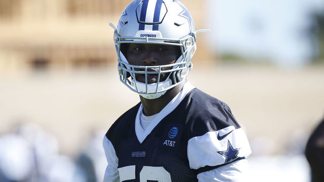 OXNARD, CA - JULY 27: Defensive end Robert Quinn (58) of the Dallas Cowboys laughs during training camp on July 27, 2019, at River Ridge Playing Fields in Oxnard, CA.