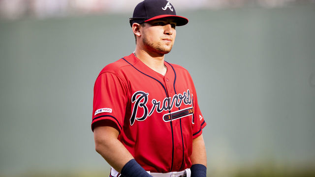 ATLANTA, GA - JULY 19: Austin Riley #27 of the Atlanta Braves looks on during the game against the Washington Nationals at SunTrust Park on July 19, 2019 in Atlanta, Georgia.