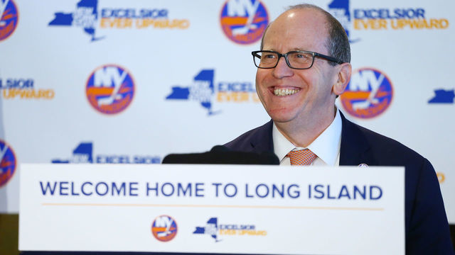 SOUTH OZONE PARK, NY - DECEMBER 20: Co-Owner and Alternative Governer of the New York Islanders, Jon Ledecky speaks to the media during a press conference at Turf & Field Club on December 20, 2017 in South Ozone Park, New York.