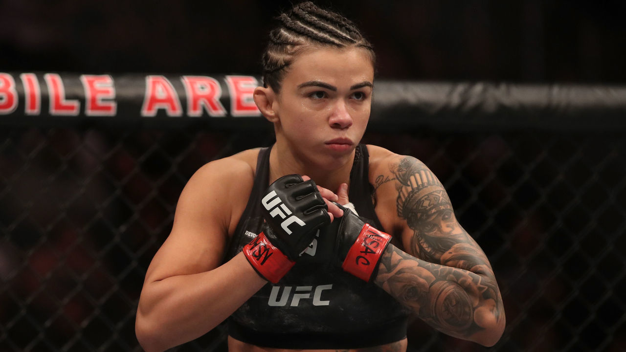 LAS VEGAS, NV - JULY 06: Claudia Gadelha of Brazil enters the octagon in her strawweight fight during the UFC 239 event at T-Mobile Arena on July 6, 2019 in Las Vegas, Nevada.