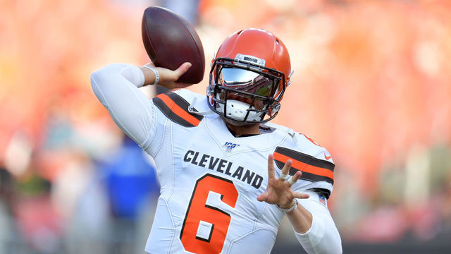 CLEVELAND, OHIO - AUGUST 08: Quarterback Baker Mayfield #6 of the Cleveland Browns warms up prior to a preseason game against the Washington Redskins at FirstEnergy Stadium on August 08, 2019 in Cleveland, Ohio.