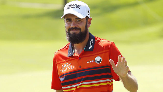 JERSEY CITY, NEW JERSEY - AUGUST 08: Troy Merritt of the United States reacts after a putt on the seventh green during the first round of The Northern Trust at Liberty National Golf Club on August 08, 2019 in Jersey City, New Jersey.