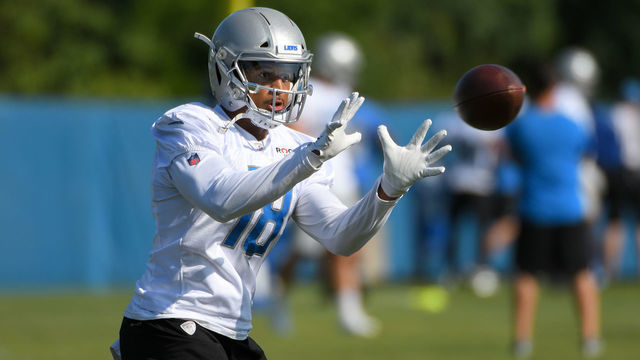 ALLEN PARK, MI - AUGUST 1: Detroit Lions WR (18) Jermaine Kearse during NFL football practice on August 1, 2019 at Detroit Lions Training Facilities in Allen Park, MI