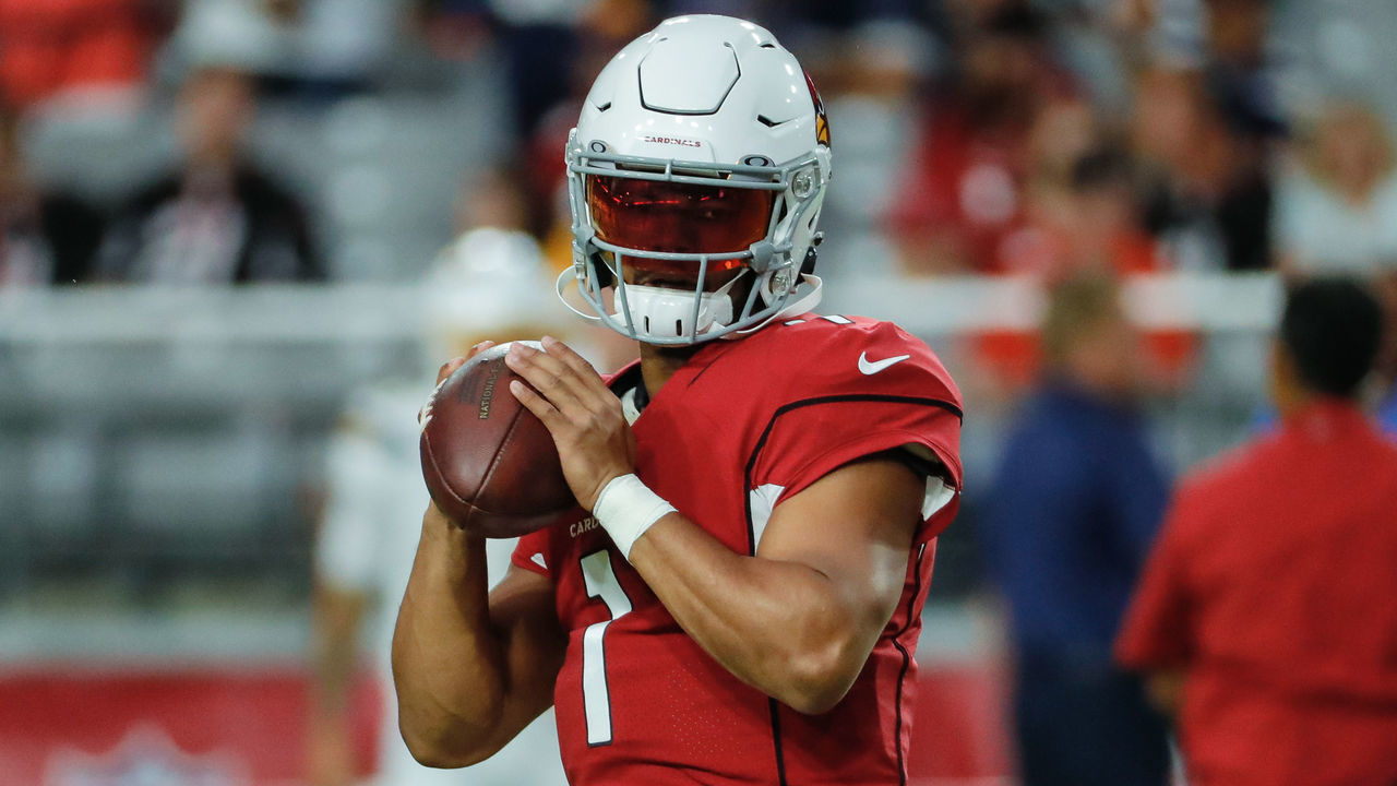 GLENDALE, AZ - AUGUST 08: Arizona Cardinals quarterback Kyler Murray (1) looks to pass during warmups before the NFL preseason football game between the Los Angeles Chargers and the Arizona Cardinals on August 8, 2019 at State Farm Stadium in Glendale, Arizona.