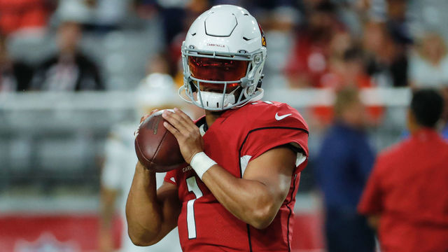 GLENDALE, AZ - AUGUST 08: Arizona Cardinals quarterback Kyler Murray (1) looks to pass during warmups before the NFL preseason football game between the Los Angeles Chargers and the Arizona Cardinals on August 8, 2019 at State Farm Stadium in Glendale, Arizona.