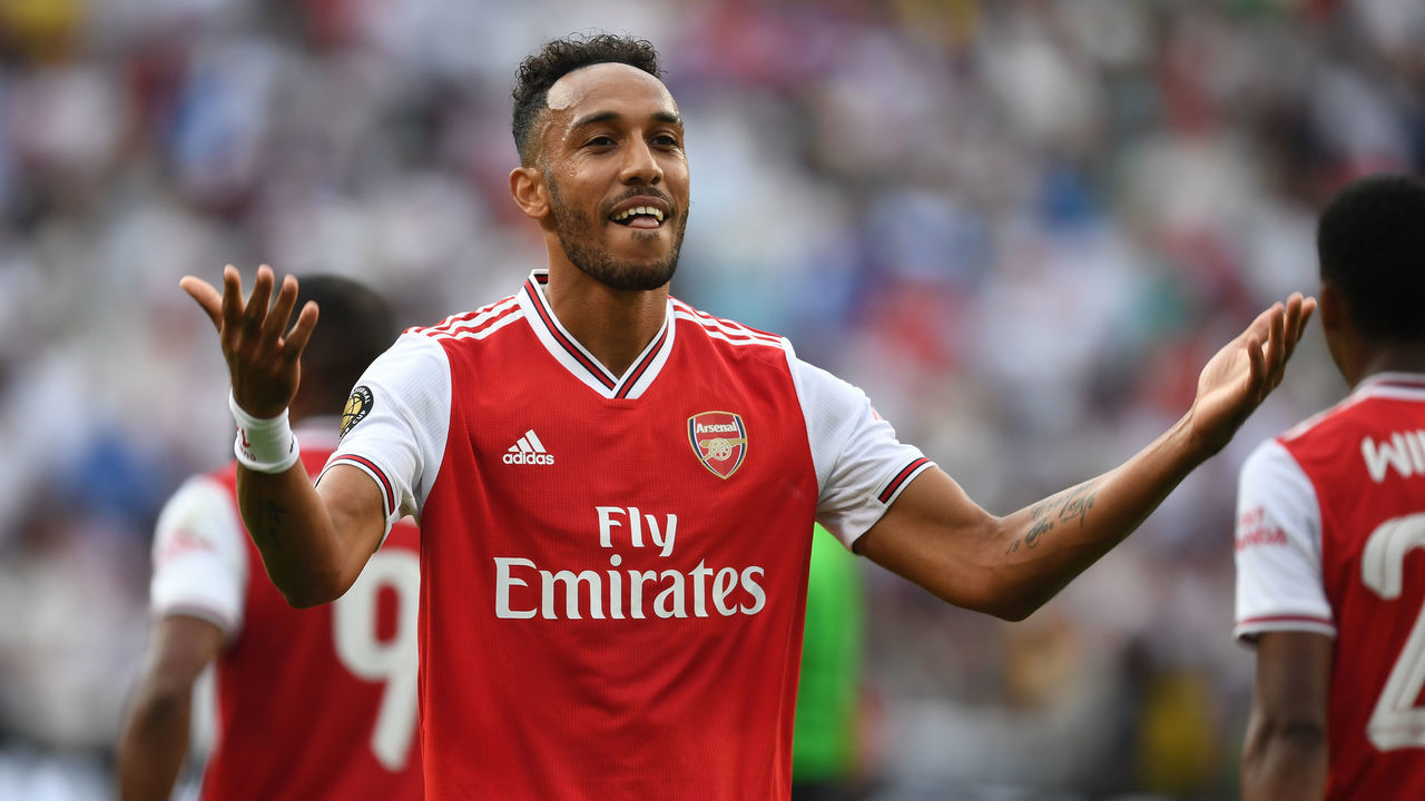 LANDOVER, MARYLAND - JULY 23: Pierre-Emerick Aubameyang celebrates scoring the 2nd Arsenal goal during the International Champions Cup match between Real Madrid and Arsenal at FedExField on July 23, 2019 in Landover, Maryland.