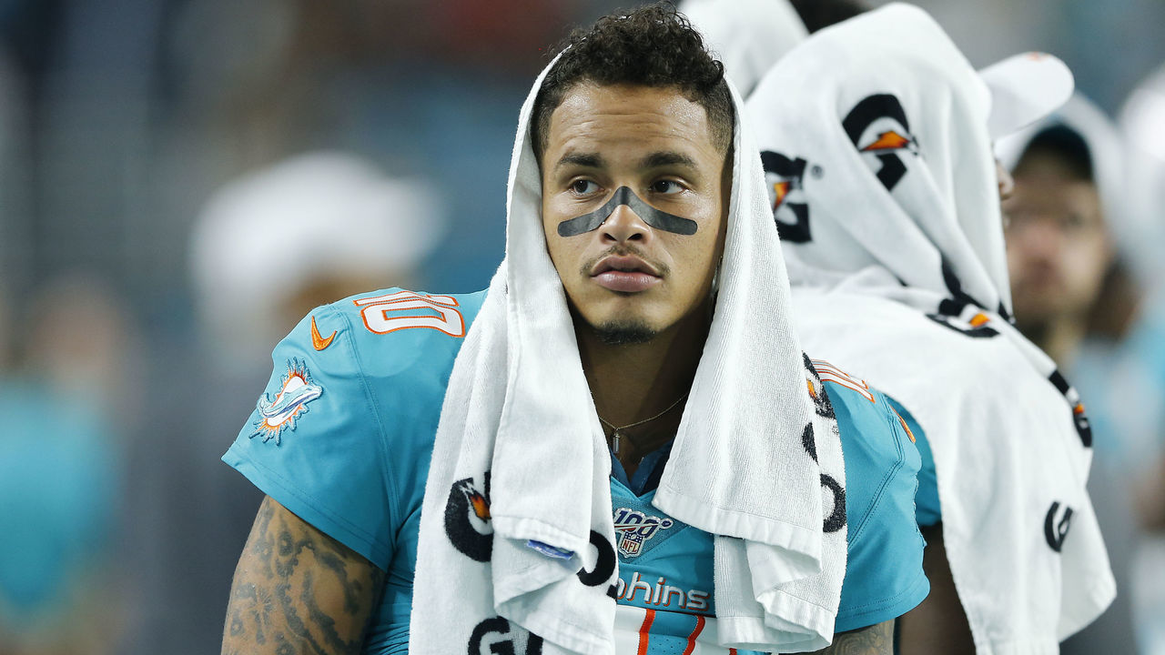 MIAMI, FLORIDA - AUGUST 08: Kenny Stills #10 of the Miami Dolphins looks on from the sideline against the Atlanta Falcons during the second quarter of the preseason game at Hard Rock Stadium on August 08, 2019 in Miami, Florida.
