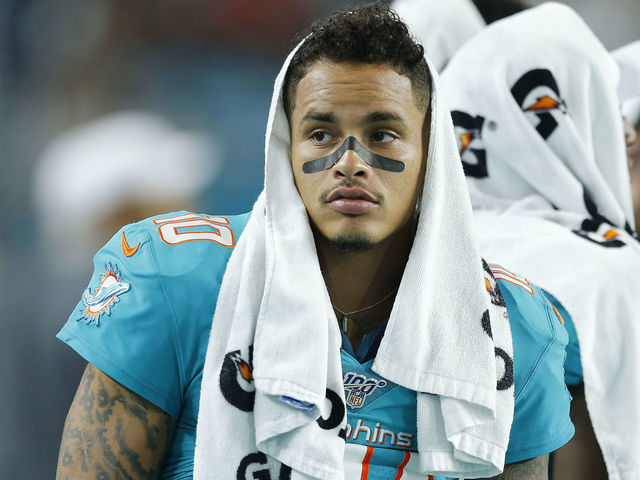 MIAMI, FLORIDA - AUGUST 08: Kenny Stills #10 of the Miami Dolphins looks on from the sideline against the Atlanta Falcons during the second quarter of the preseason game at Hard Rock Stadium on August 08, 2019 in Miami, Florida.