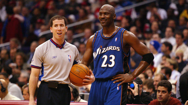 LOS ANGELES - FEBRUARY 12: Michael Jordan #23 of the Washington Wizards talks with referee Tim Donaghy during the game against the Los Angeles Clippers on February 12, 2003 at Staples Center in Los Angeles, California. The Wizards won 108-104. NOTE TO USER: User expressly acknowledges and agrees that, by downloading and or using this photograph, user is consenting to the terms and conditions of the Getty Images license agreement.