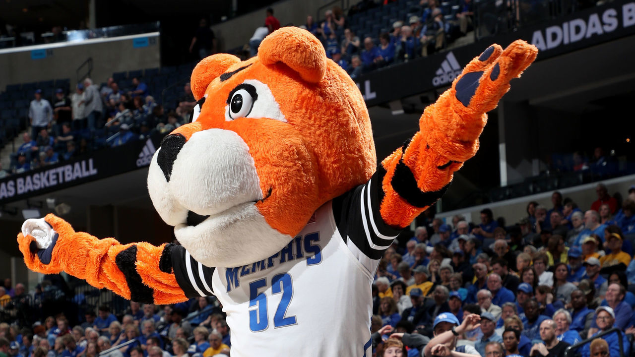 MEMPHIS, TN - MARCH 14: Pouncer, mascot of the Memphis Tigers entertains the crowd against the Tulane Green Wave during the first round of the American Athletic Conference Tournament on March 14, 2019 at FedExForum in Memphis, Tennessee. Memphis defeated Tulane 83-68.