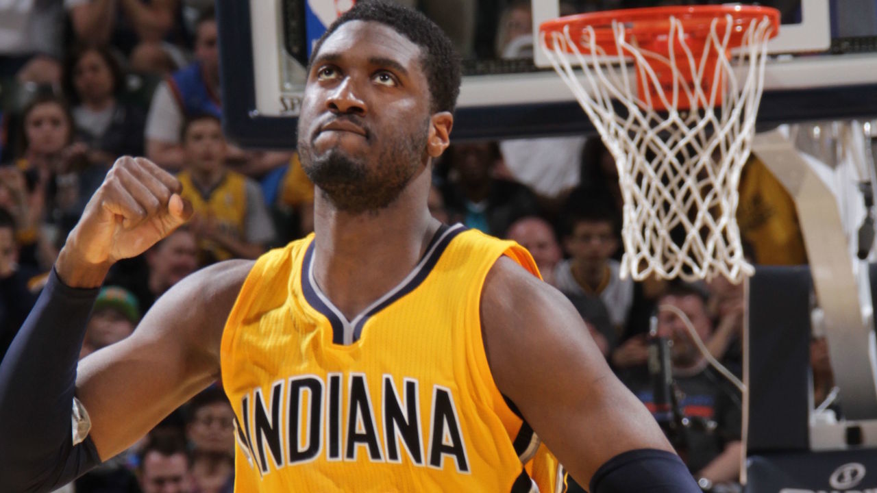 INDIANAPOLIS, IN - APRIL 12: Roy Hibbert #55 of the Indiana Pacers during the game against Oklahoma City Thunder on April 12, 2015 at Bankers Life Fieldhouse in Indianapolis, Indiana. NOTE TO USER: User expressly acknowledges and agrees that, by downloading and/or using this photograph, User is consenting to the terms and conditions of the Getty Images License Agreement. Mandatory Copyright Notice: Copyright 2015 NBAE