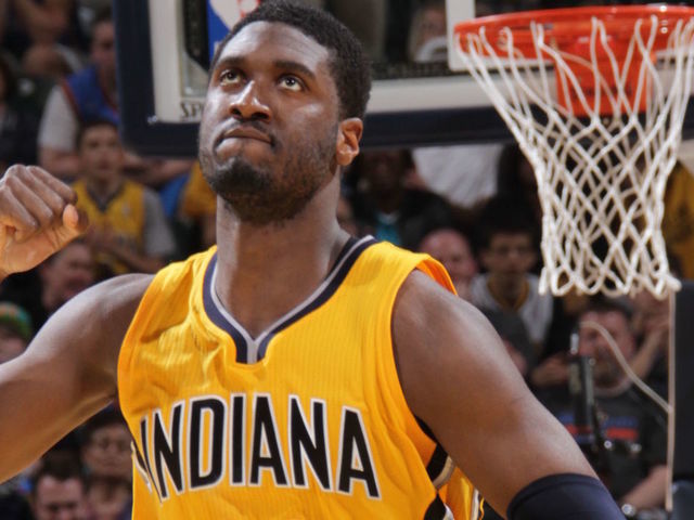INDIANAPOLIS, IN - APRIL 12: Roy Hibbert #55 of the Indiana Pacers during the game against Oklahoma City Thunder on April 12, 2015 at Bankers Life Fieldhouse in Indianapolis, Indiana. NOTE TO USER: User expressly acknowledges and agrees that, by downloading and/or using this photograph, User is consenting to the terms and conditions of the Getty Images License Agreement. Mandatory Copyright Notice: Copyright 2015 NBAE