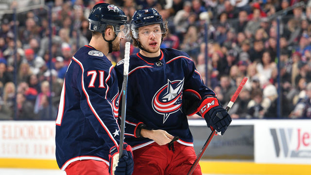 COLUMBUS, OH - JANUARY 13: Nick Foligno #71 of the Columbus Blue Jackets talks with teammate Artemi Panarin #9 of the Columbus Blue Jackets prior to a face-off during the first period of a game against the New York Rangers on January 13, 2019 at Nationwide Arena in Columbus, Ohio.