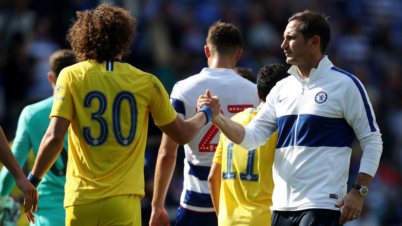 Chelsea's David Luiz shakes hand with manager Frank Lampard after the final whistle during the pre-season friendly match at the Madejski Stadium, Reading.