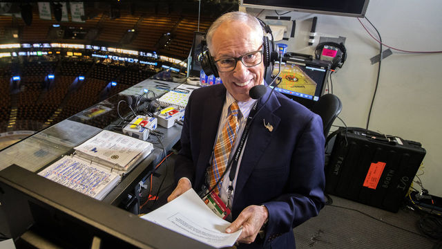 BOSTON - MAY 27: Hours before Game 1 of the Stanley Cup Finals between the Boston Bruins and the St. Louis Blues at TD Garden in Boston, NBC hockey play-by-play announcer Mike Emrick does voice overs in the empty arena on May 27, 2019.