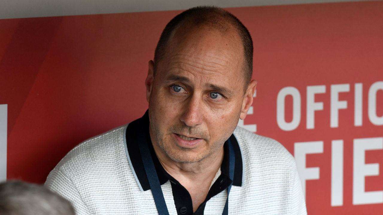 WASHINGTON, DC - MAY 15: General Manager Brian Cashman of the New York Yankees talks to the media before the game against the Washington Nationals at Nationals Park on May 15, 2018 in Washington, DC.
