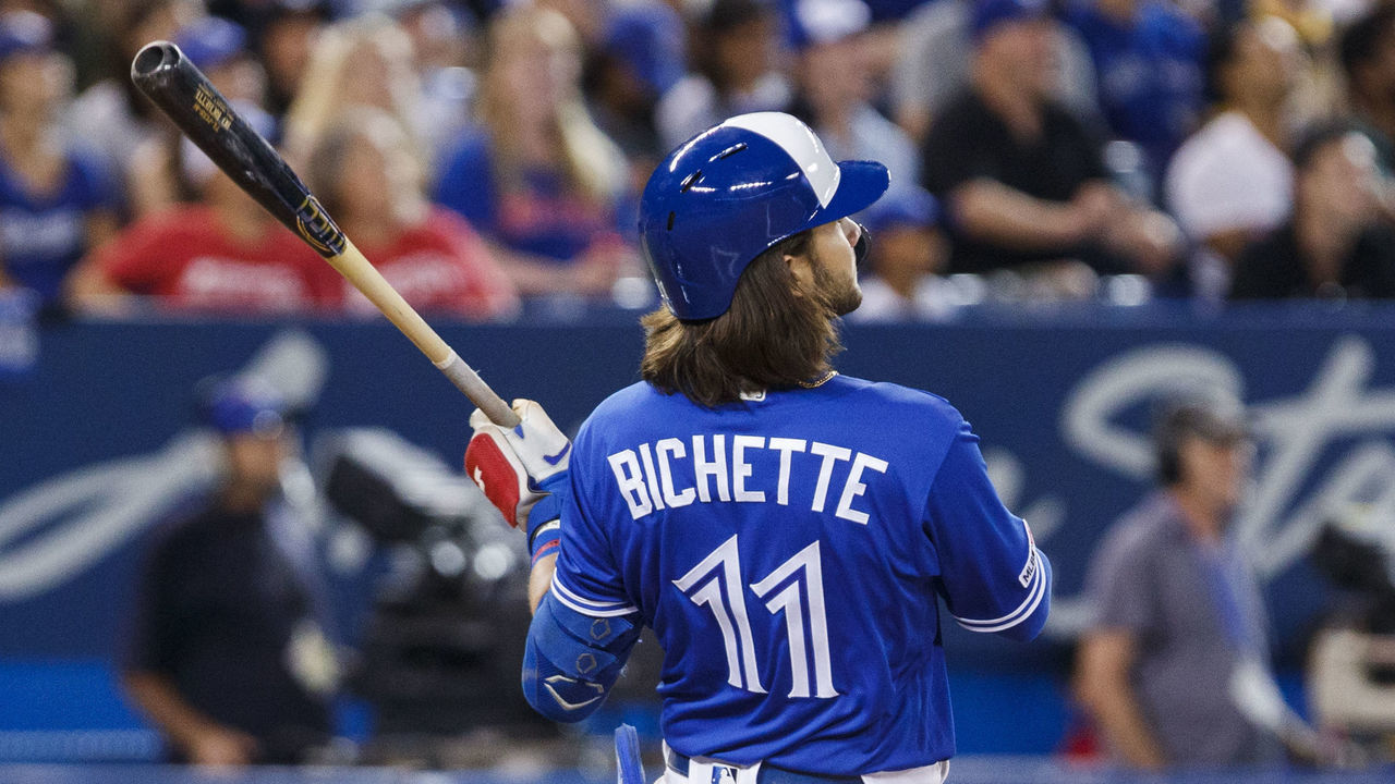 TORONTO, ONTARIO - AUGUST 8: Bo Bichette #11 of the Toronto Blue Jays hits a two run home run against the New York Yankees in the fifth inning during their MLB game at the Rogers Centre on August 8, 2019 in Toronto, Canada.