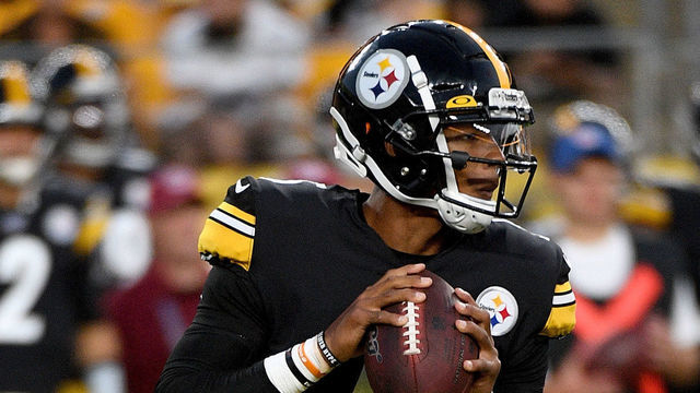 PITTSBURGH, PA - AUGUST 09: Joshua Dobbs #5 of the Pittsburgh Steelers drops back to pass during the first half of a preseason game against the Tampa Bay Buccaneers at Heinz Field on August 9, 2019 in Pittsburgh, Pennsylvania.
