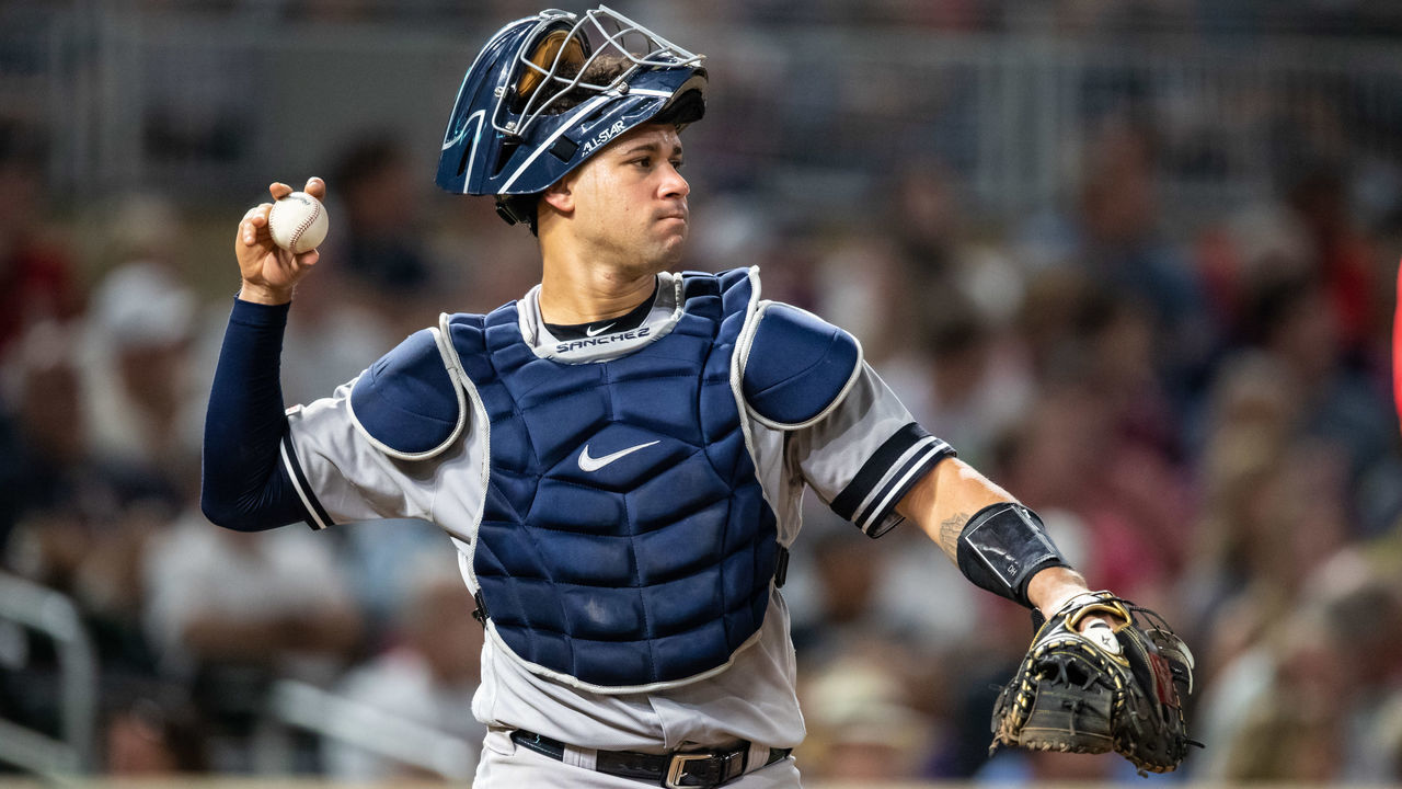 MINNEAPOLIS, MN - JULY 23: Gary Sanchez #24 of the New York Yankees throws against the Minnesota Twins on July 23, 2019 at the Target Field in Minneapolis, Minnesota. The Yankees defeated the Twins 14-12.