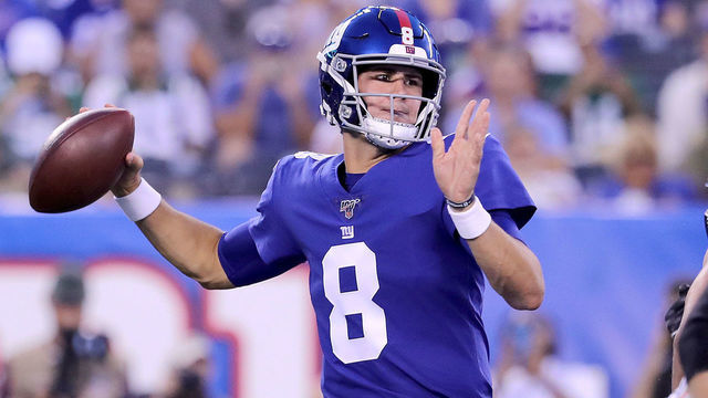 EAST RUTHERFORD, NEW JERSEY - AUGUST 08: Daniel Jones #8 of the New York Giants drops back to make his first pass of the game against the New York Jets during a preseason matchup at MetLife Stadium on August 08, 2019 in East Rutherford, New Jersey.
