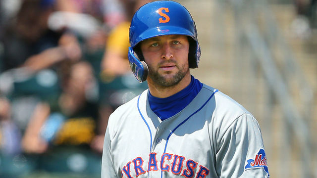 ALLENTOWN, PA - MAY 02: Tim Tebow #15 of the Syracuse Mets strikes out during a AAA minor league baseball game against the Lehigh Valley Iron Pigs on May 1, 2019 at Coca Cola Park in Allentown, Pennsylvania.