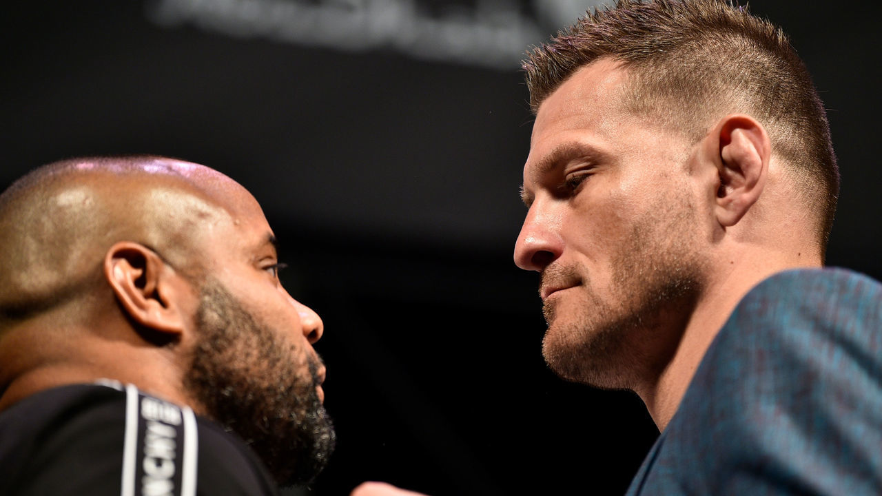 LAS VEGAS, NEVADA - JULY 05: (R-L) Stipe Miocic and Daniel Cormier face off during the UFC seasonal press conference at T-Mobile Arena on July 5, 2019 in Las Vegas, Nevada.