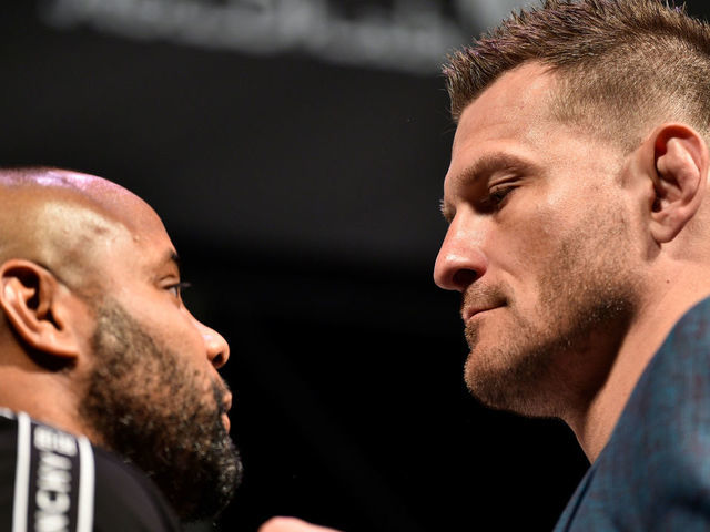 LAS VEGAS, NEVADA - JULY 05: (R-L) Stipe Miocic and Daniel Cormier face off during the UFC seasonal press conference at T-Mobile Arena on July 5, 2019 in Las Vegas, Nevada.