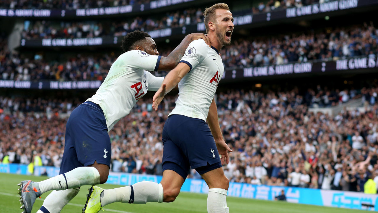 LONDON, ENGLAND - AUGUST 10: Harry Kane of Tottenham celebrates after scoring the second goal for his team during the Premier League match between Tottenham Hotspur and Aston Villa at Tottenham Hotspur Stadium on August 10, 2019 in London, United Kingdom.