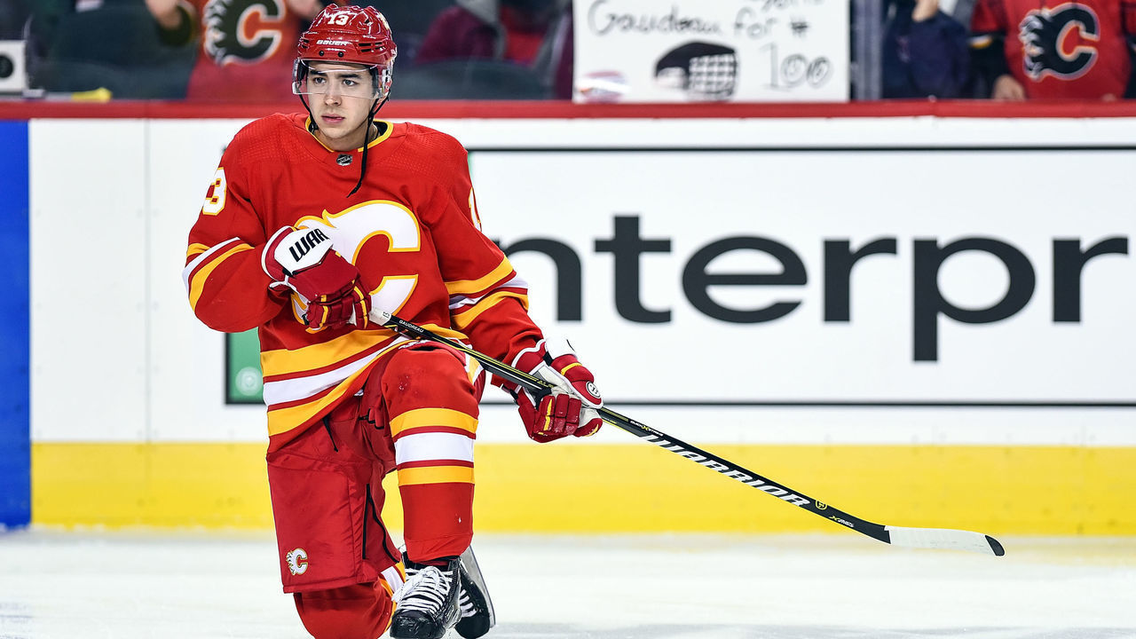 CALGARY, AB - APRIL 06: Calgary Flames Left Wing Johnny Gaudreau (13) warms up before an NHL game where the Calgary Flames hosted the Edmonton Oilers on April 6, 2019, at the Scotiabank Saddledome in Calgary, AB.