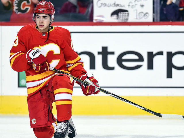 CALGARY, AB - APRIL 06: Calgary Flames Left Wing Johnny Gaudreau (13) warms up before an NHL game where the Calgary Flames hosted the Edmonton Oilers on April 6, 2019, at the Scotiabank Saddledome in Calgary, AB.